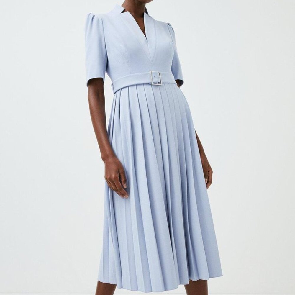Karen Millen Tailored Structured Crepe Forever Pleat Belted Midi Dress, Blue,NWT